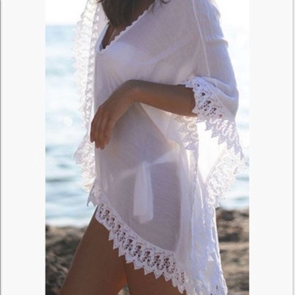 White Lace-Trim Beach Cover-Up Kaftan - Women Swim
